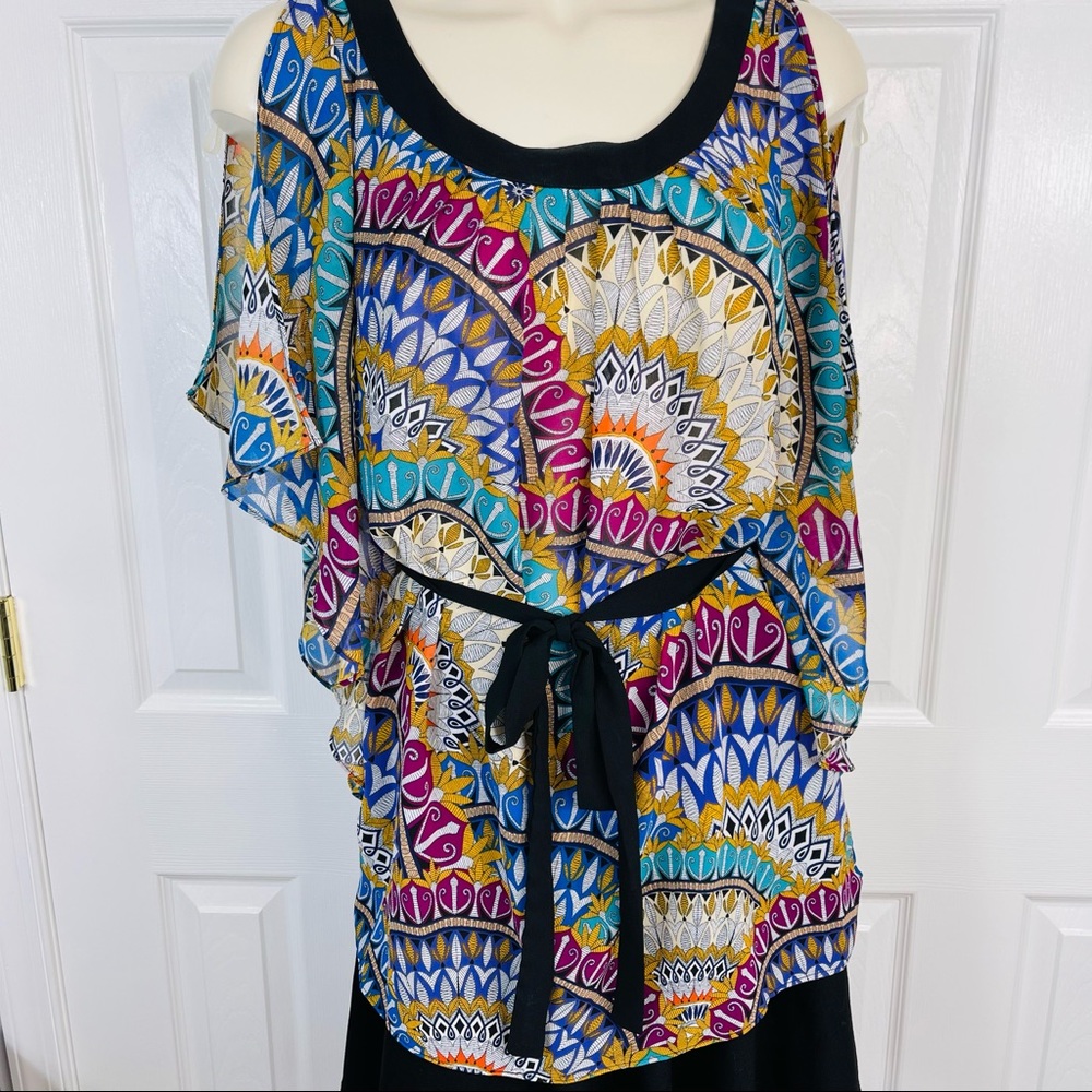 NICOLE MILLER dress blouse vibrant belted top Flowy boho sleeveless black XS - Picture 7 of 10
